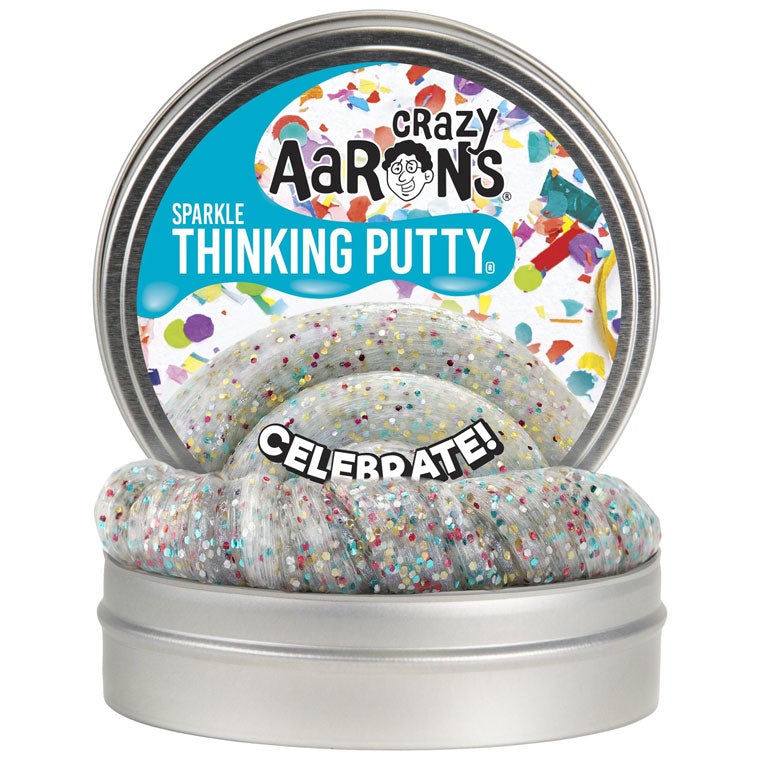 Tin of sparkle Crazy Aaron's Celebrate Thinking Putty®.