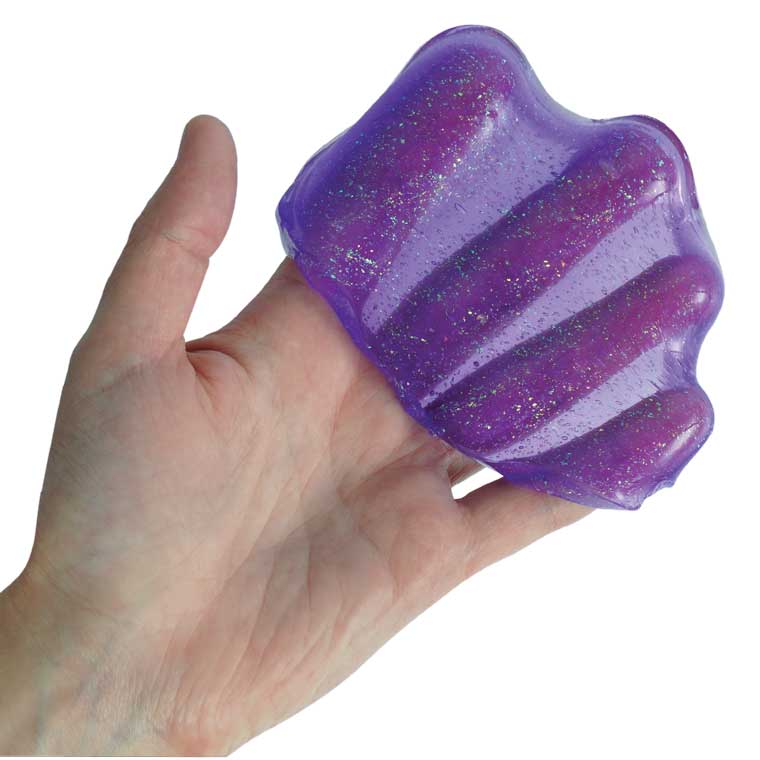 Hand holding transparent purple putty.