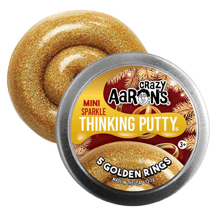 Mini tin of 5 Golden Rings sparkle Thinking Putty on a white background.